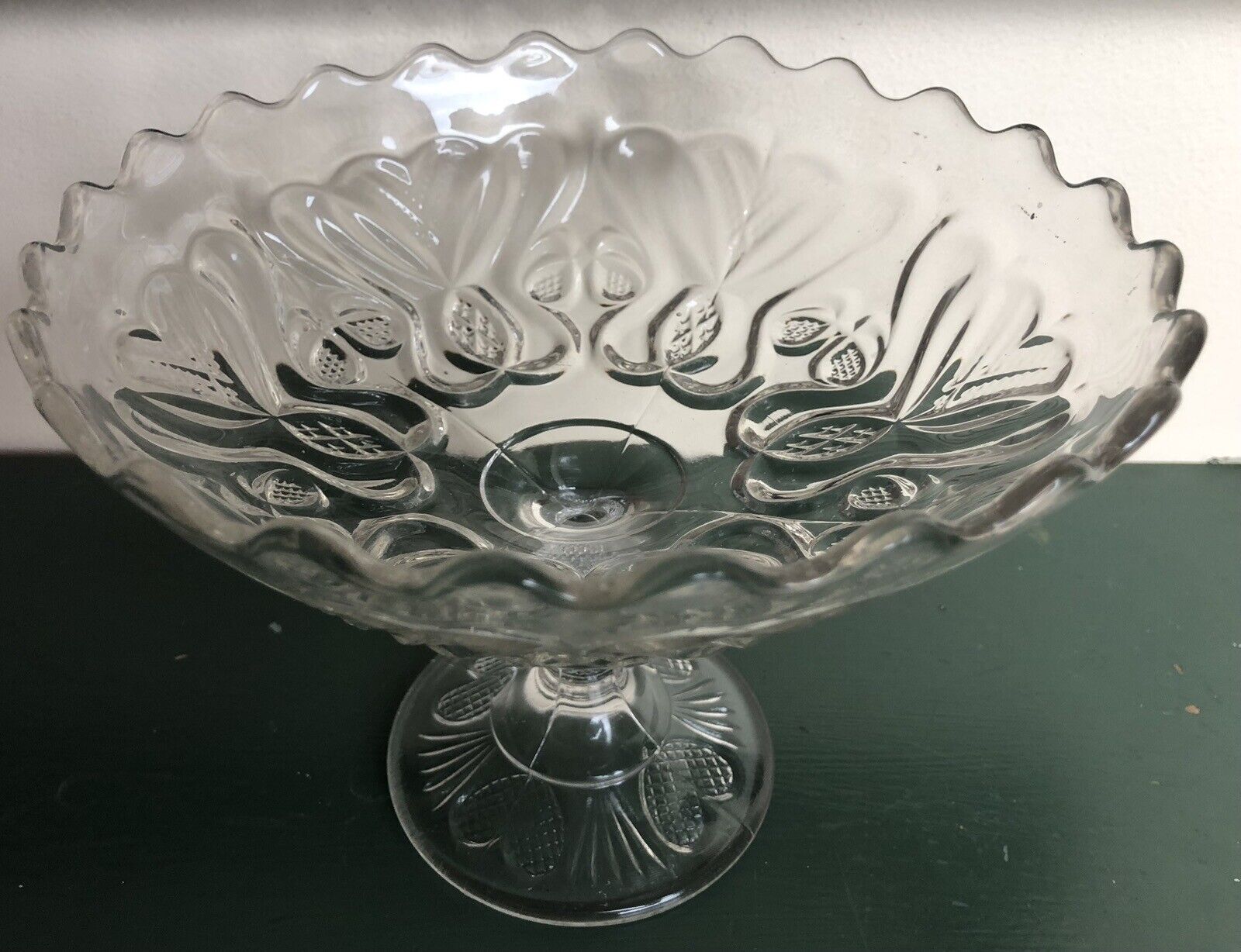 1895 Antique American Pattern Glass Footed Petal Rim Footed Bowl V in Hearts