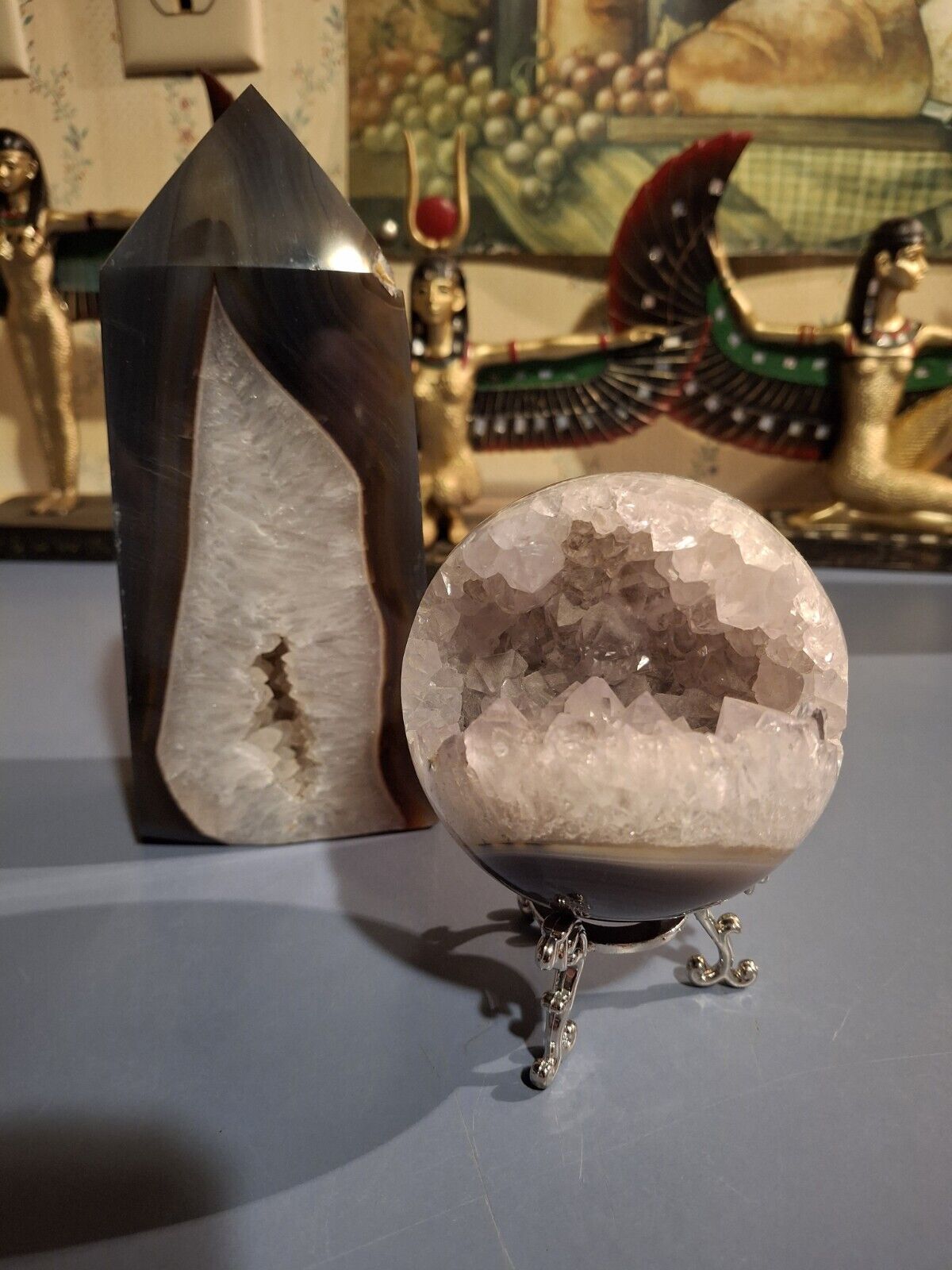 Gray Agate Druzy Tower and Sphere Set 
