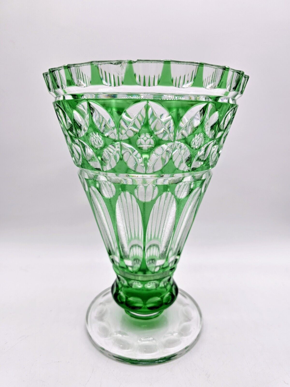 Vintage Bohemian Green Cut To Clear Art Glass 9.5