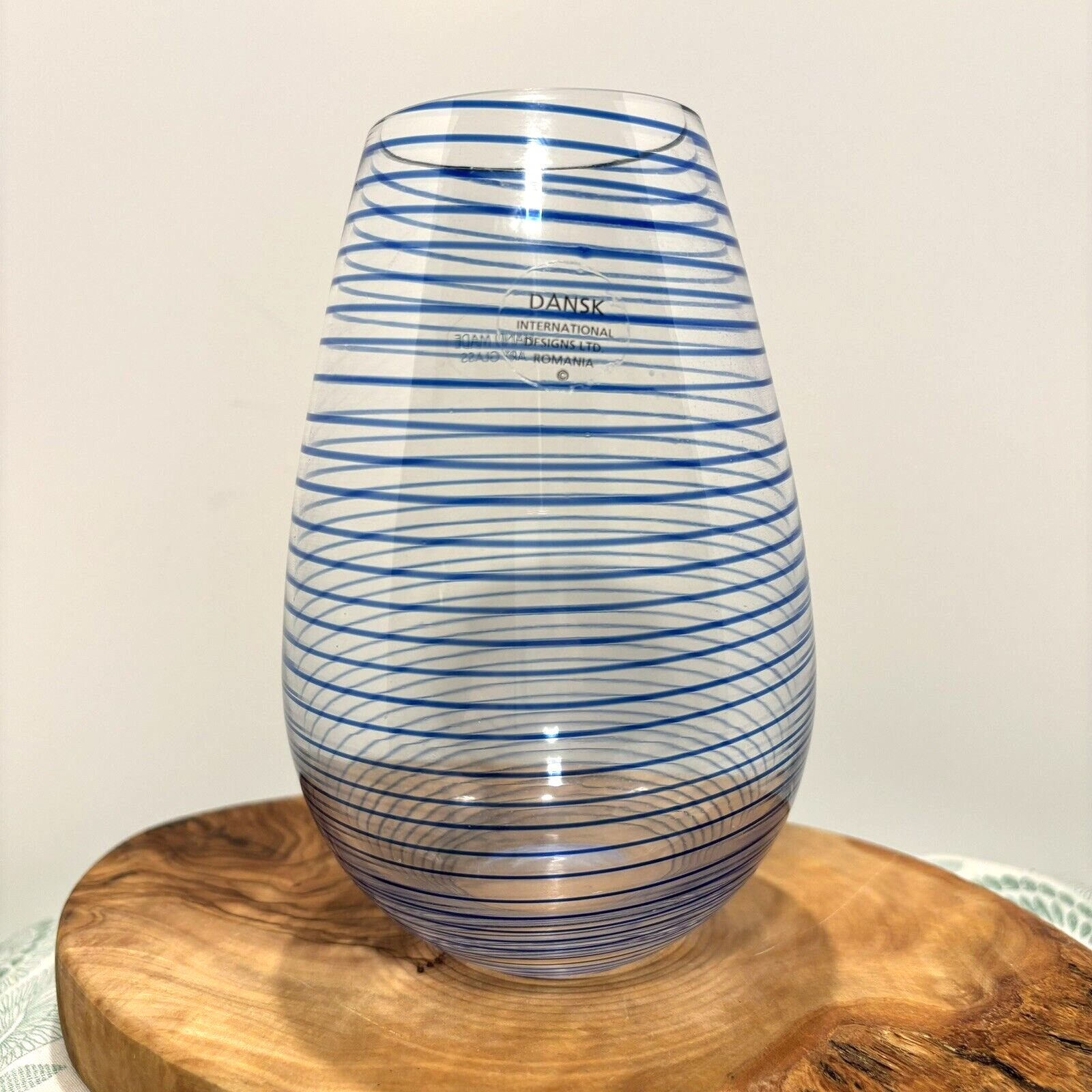 Dansk Bistro Bud Vase Clear Blue Swirl Stripe Hand Blown Art Glass Romania, 6\