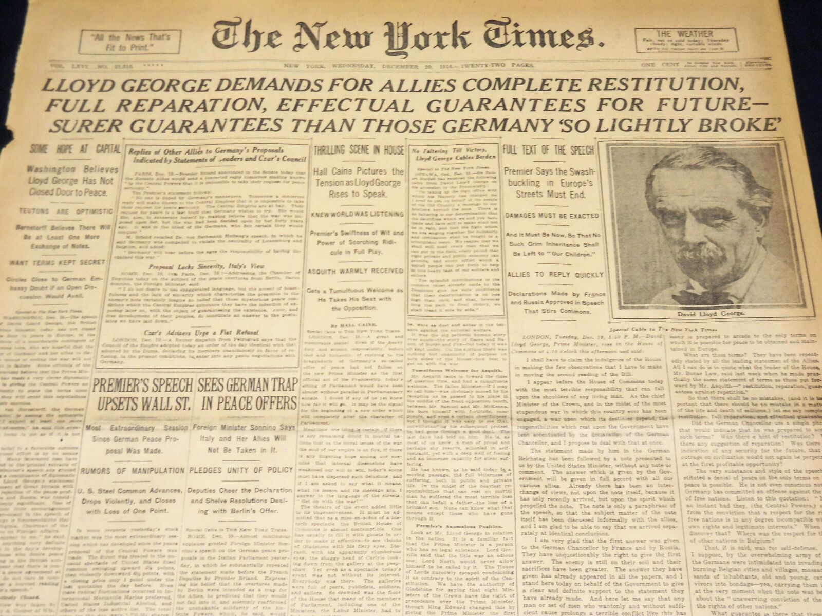1916 DEC 16 NEW YORK TIMES - LLOYD GEORGE DEMANDS COMPLETE RESTITUTION - NT 8651
