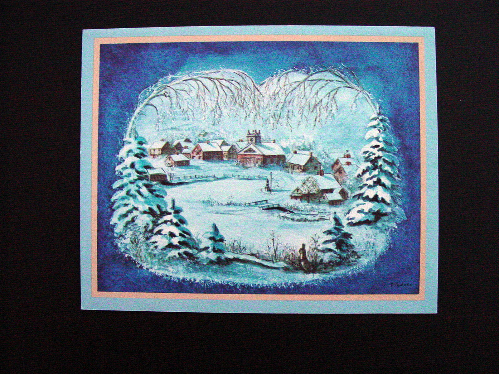 #E965- Unused Tasha Tudor Xmas Greeting Card Village in Snow with Boarder, Sweet