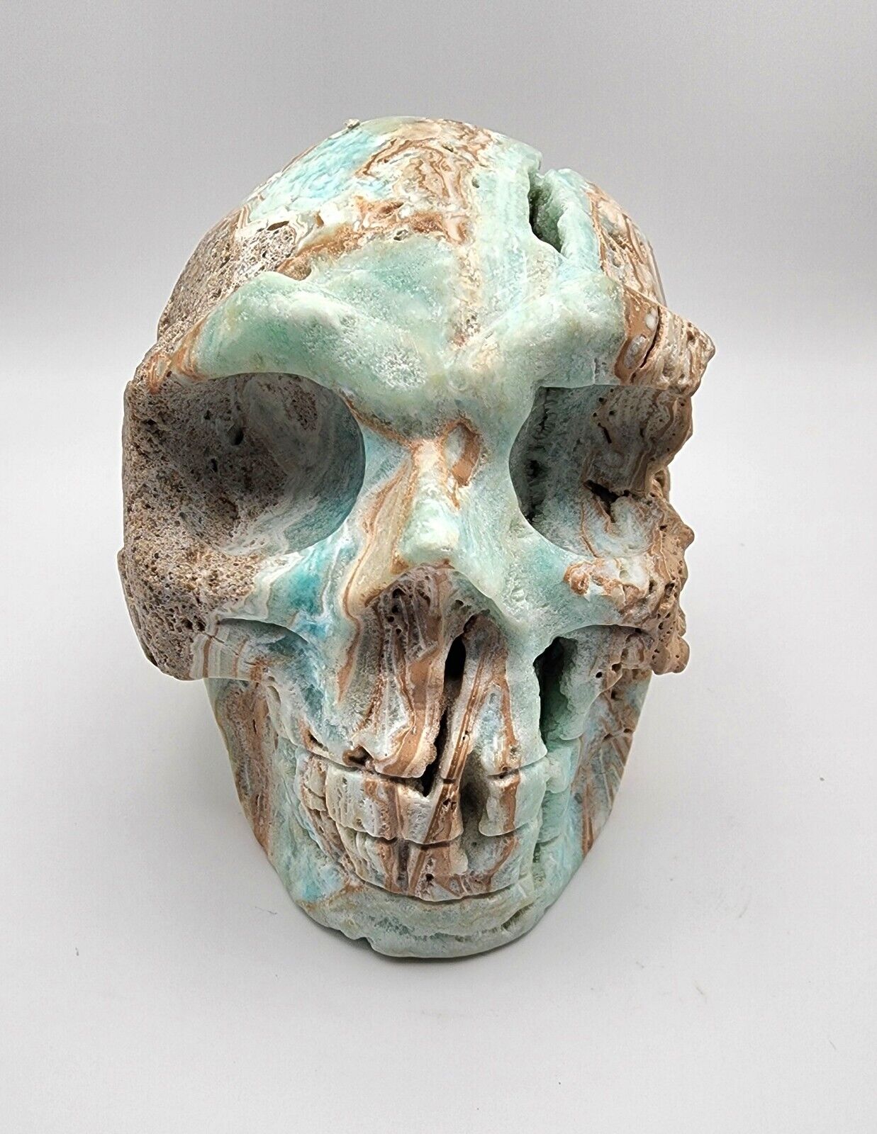 Hemimorphite With Druzy, Larg Hand Carved Skull, Stunning Blue, White and Beige 