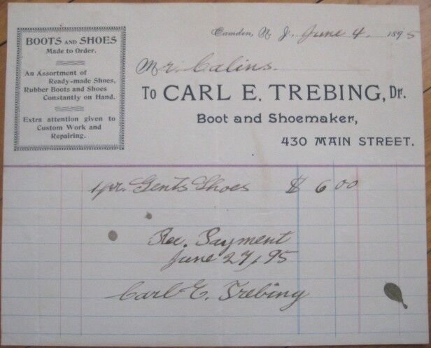Camden, NJ 1895 Letterhead: Boots & Shoes - Carl E. Trebing - New Jersey