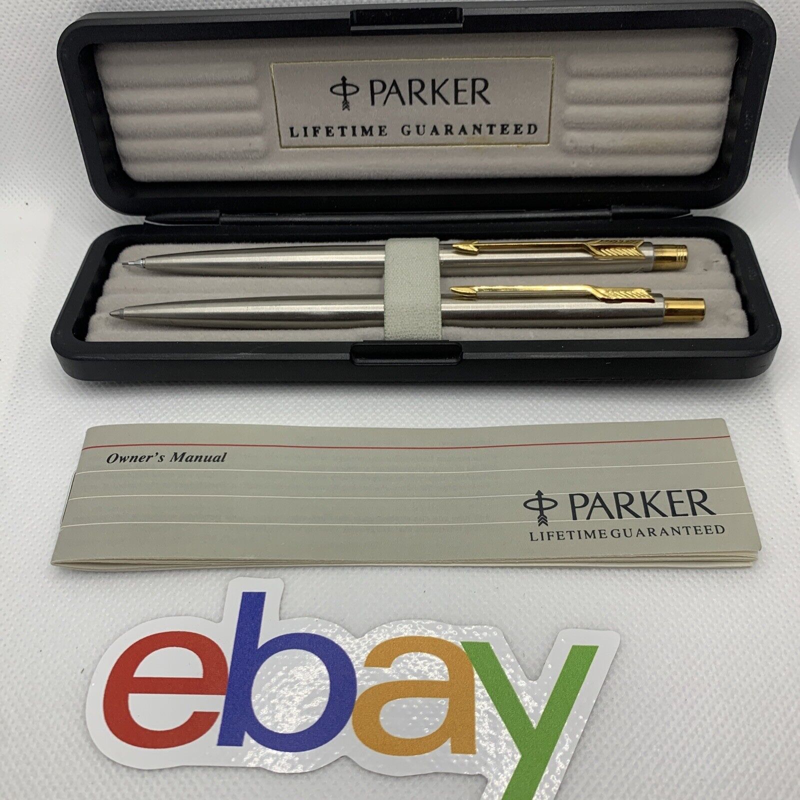 VTG 1989 Parker INSIGNIA Steel with Gold Trim Ballpoint Pen & 0.5 Pencil Set CIB