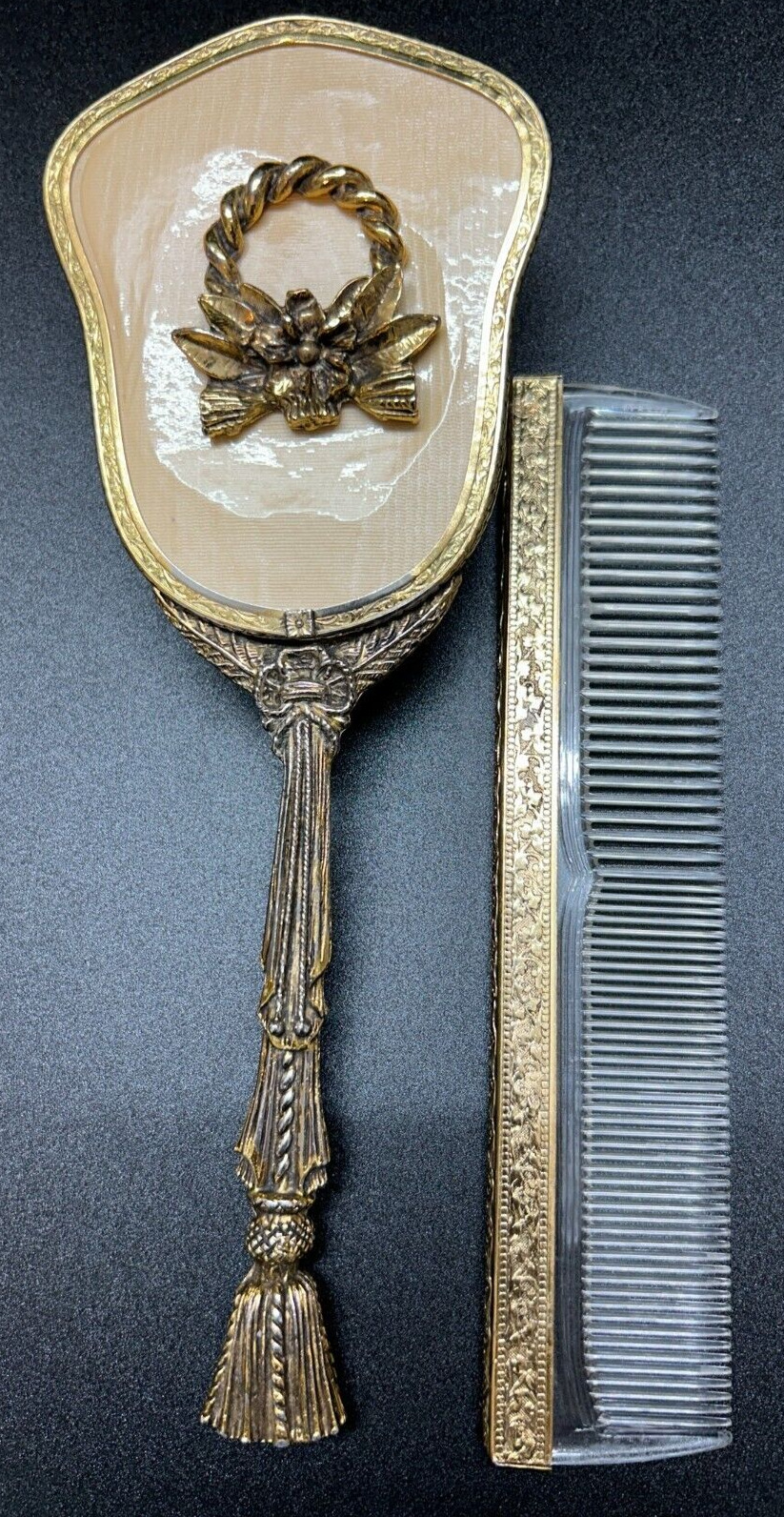 Vtg 2pc Globe Vanity Set Hair Brush & Comb Gold Plated Ornate Floral Victorian