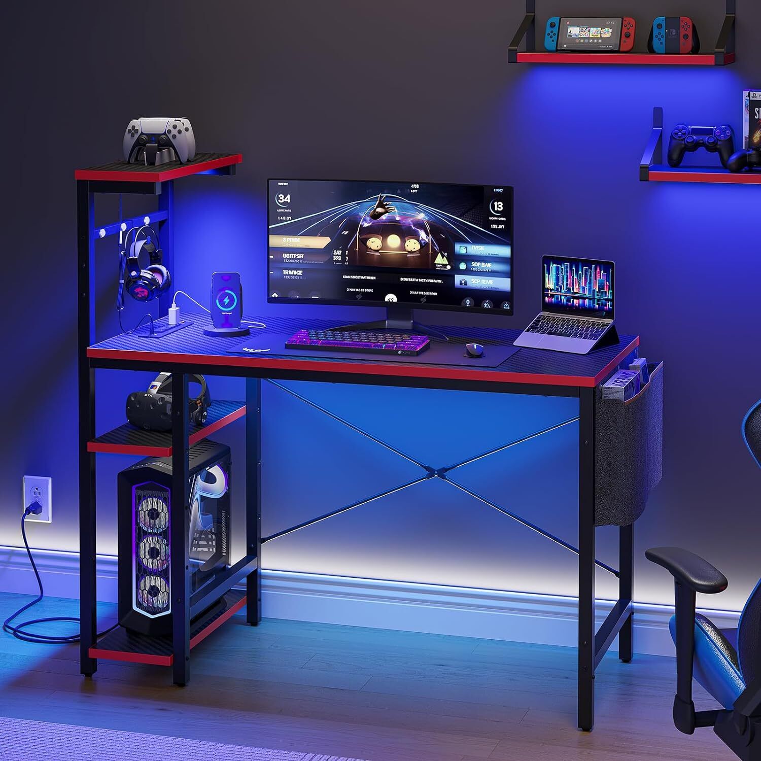 Gaming Desk with Power Outlets, 44 Inch Led Gamer Desk