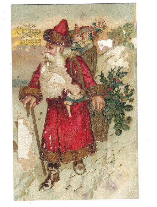 c.1900s Santa Claus St Nicholas Carrying Children & Toys Embossed Postcard
