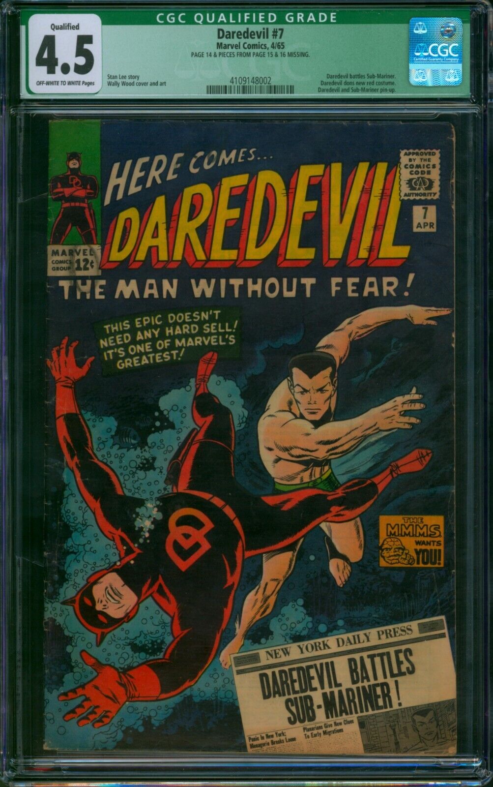 DAREDEVIL #7 ⭐ CGC 4.5 Qualified ⭐ 1st Red Costume Marvel Comic 1965