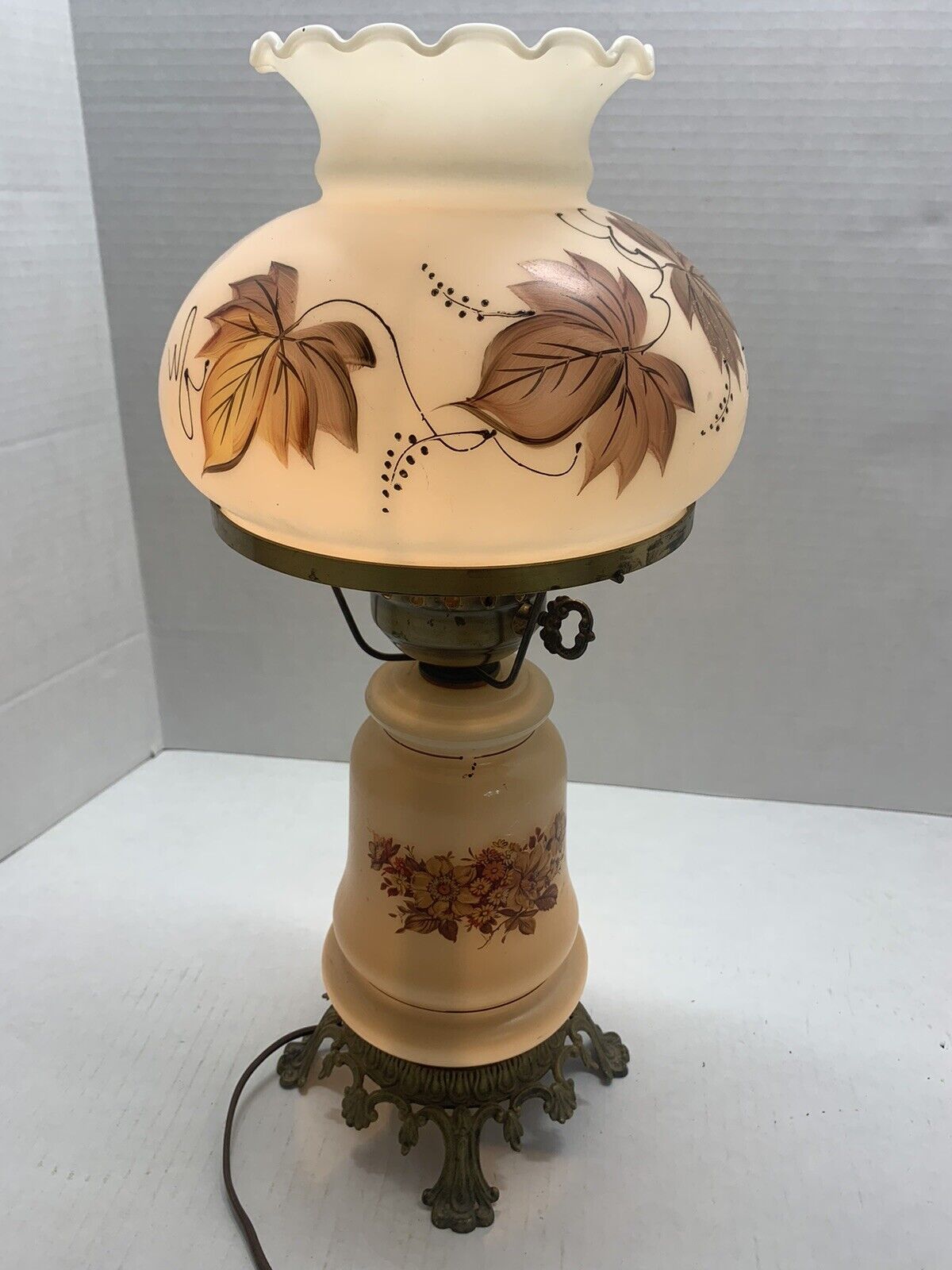 LOOK Vintage Hurricane Lamp 3 Way - Frosted - Hand Painted Floral & Leaves