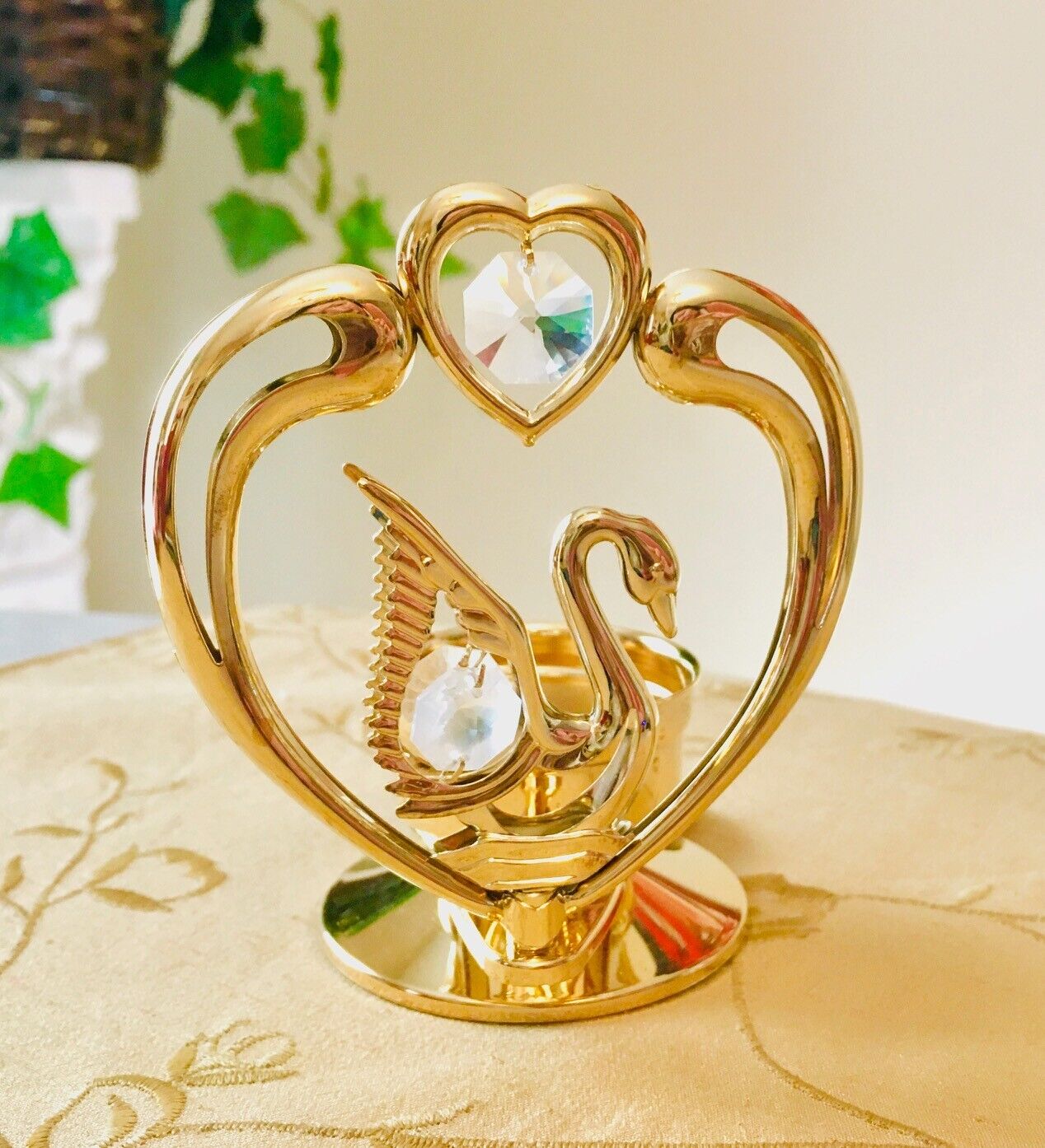 Mascot 24K Gold Plated  Metal Swan Votive Candle Holder w/ Crystal RARE VINTAGE