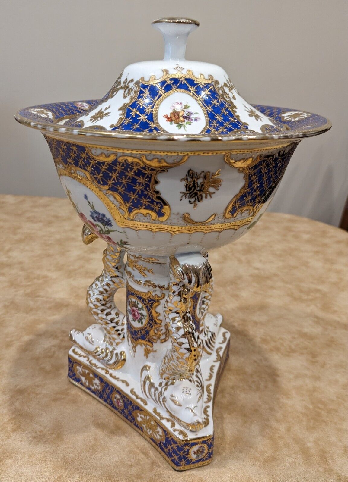 Antique Porcelain Urn KPM-style Colorful Gilded Floral Design