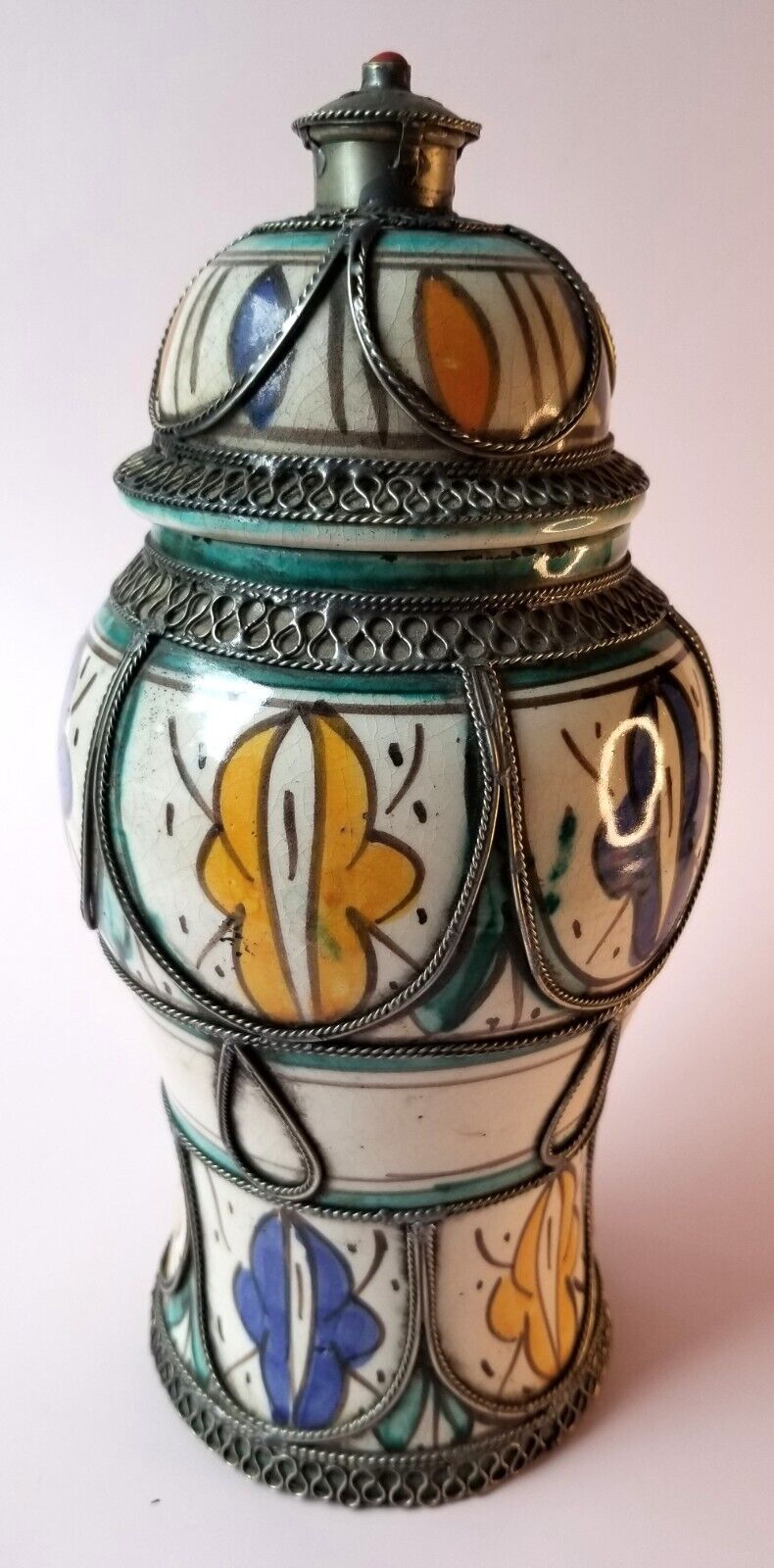 Vintage Moroccan Pottery Jar Vase Metal Overlay Mid-20th Century 11