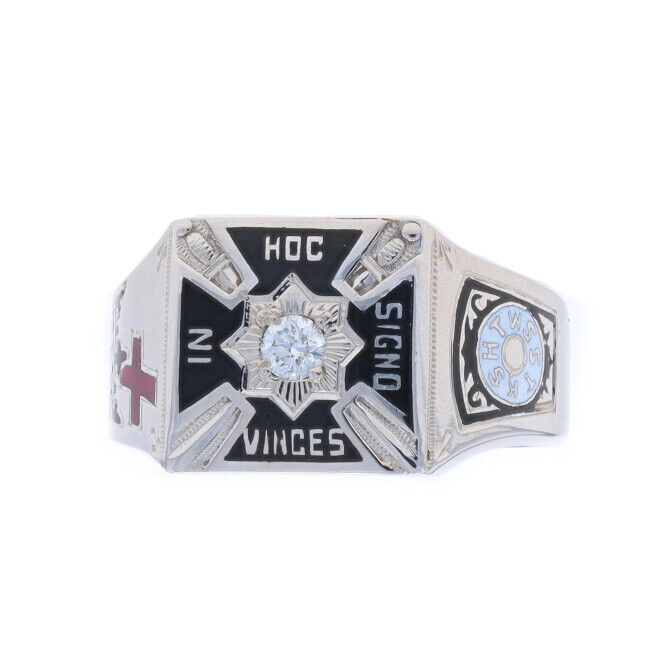 White Gold Knights Templar Vintage Men\'s Ring - 14k Dia .10ct York Rite Masonic