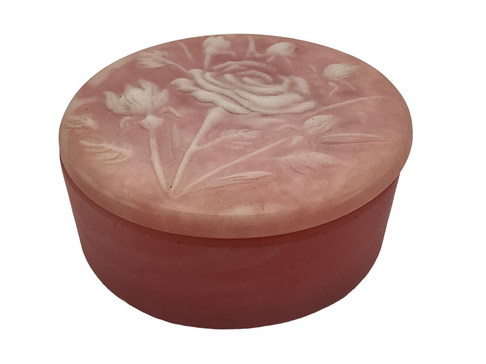 Vintage Incolay White Roses on Pink Stone Round Trinket/Jewelry Box with Lid MCM