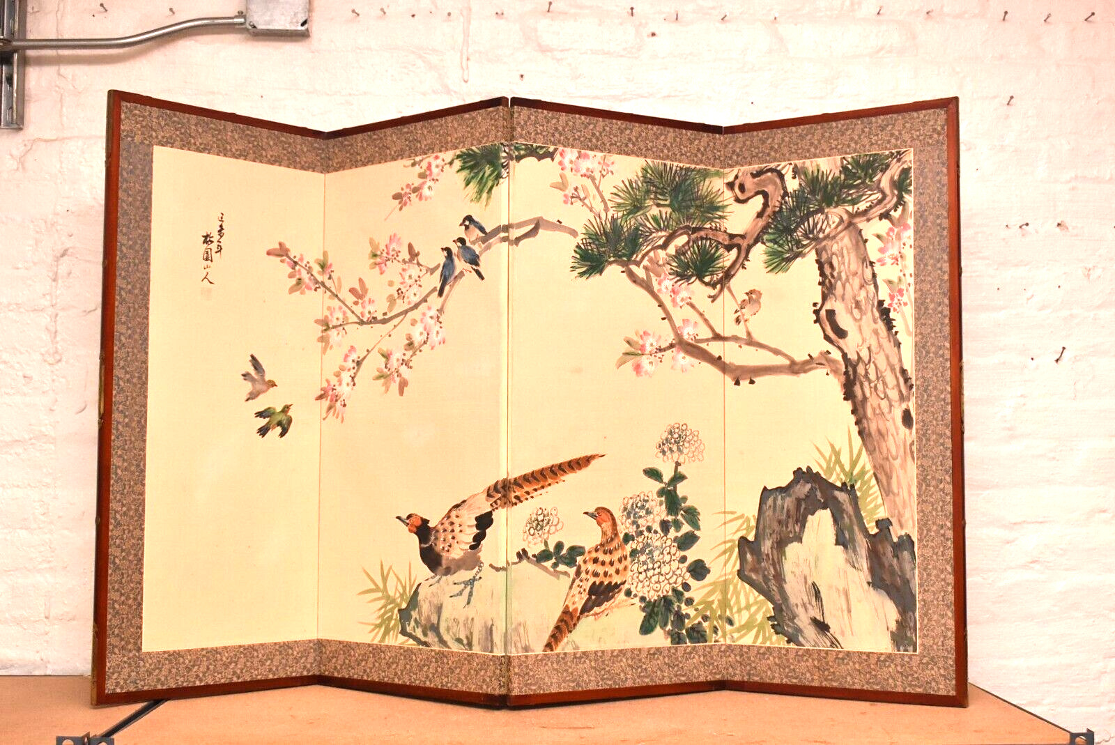 Japanese VTG 4 Panel Folding Screen Asian Byobu Painted Chinese 59x35 Antique.