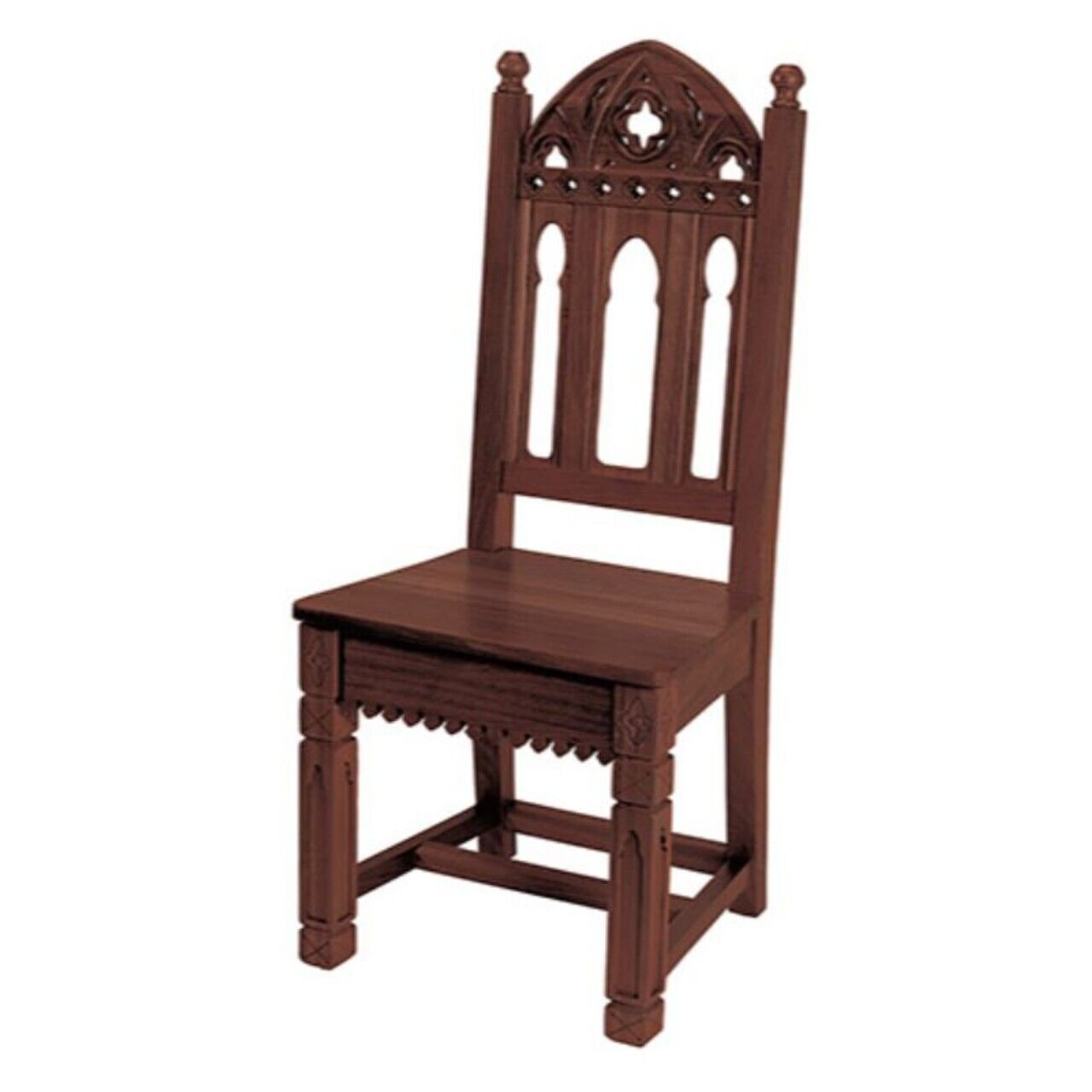 Gothic Cross Cutout Walnut Stain Maple Hardwood Side Chair for Church Use 42 In