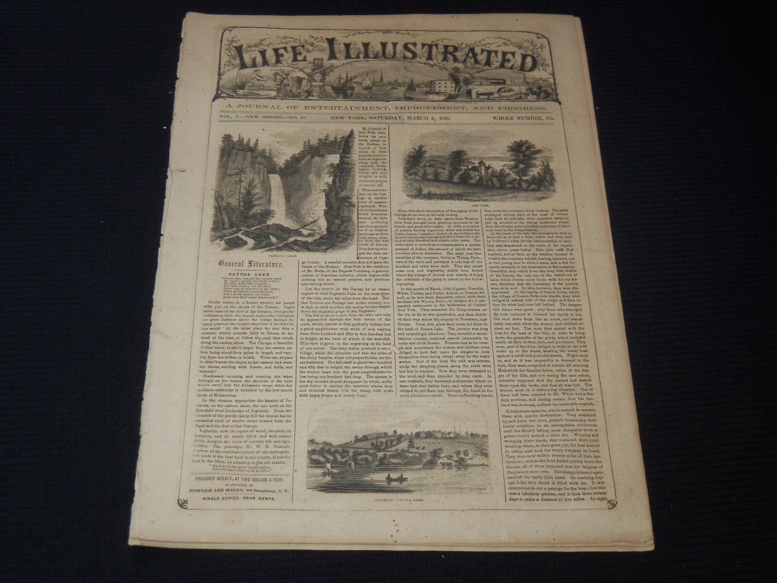 1858 MARCH 6 LIFE ILLUSTRATED NEWSPAPER - CAYUGA LAKE - NP 5896