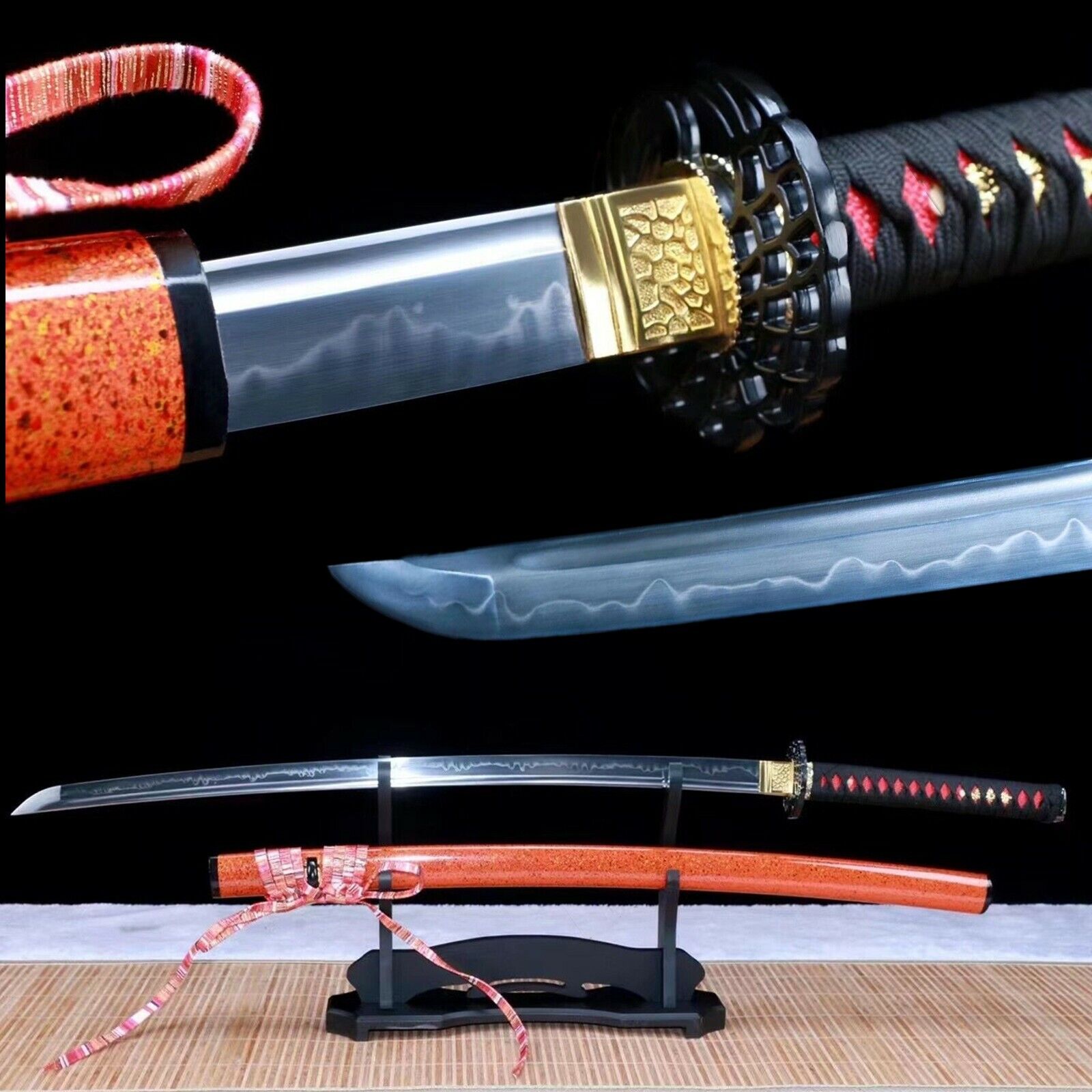 Hand Grind Blade T10 steel Clay tempered Japanese Samurai Katana Sword Sharp 