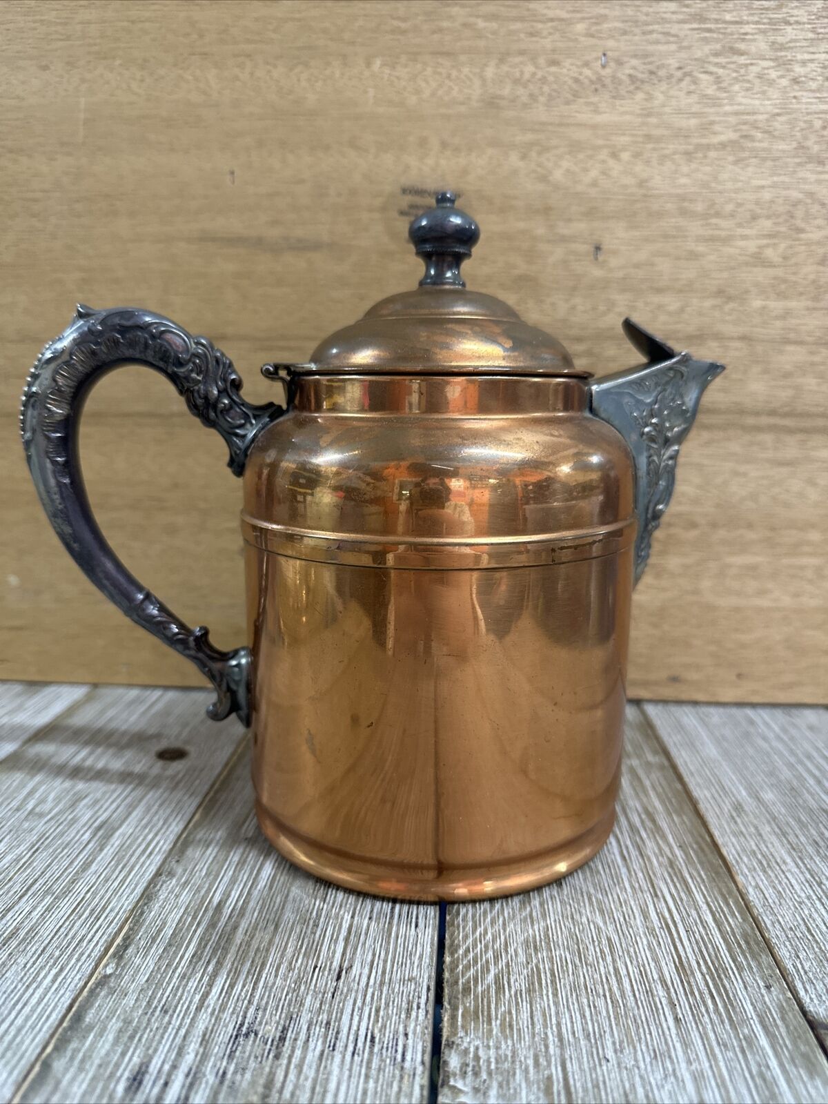 Rochester Vintage Metal Copper Teapot Kettle Ornate Silver Tone Metal Detail