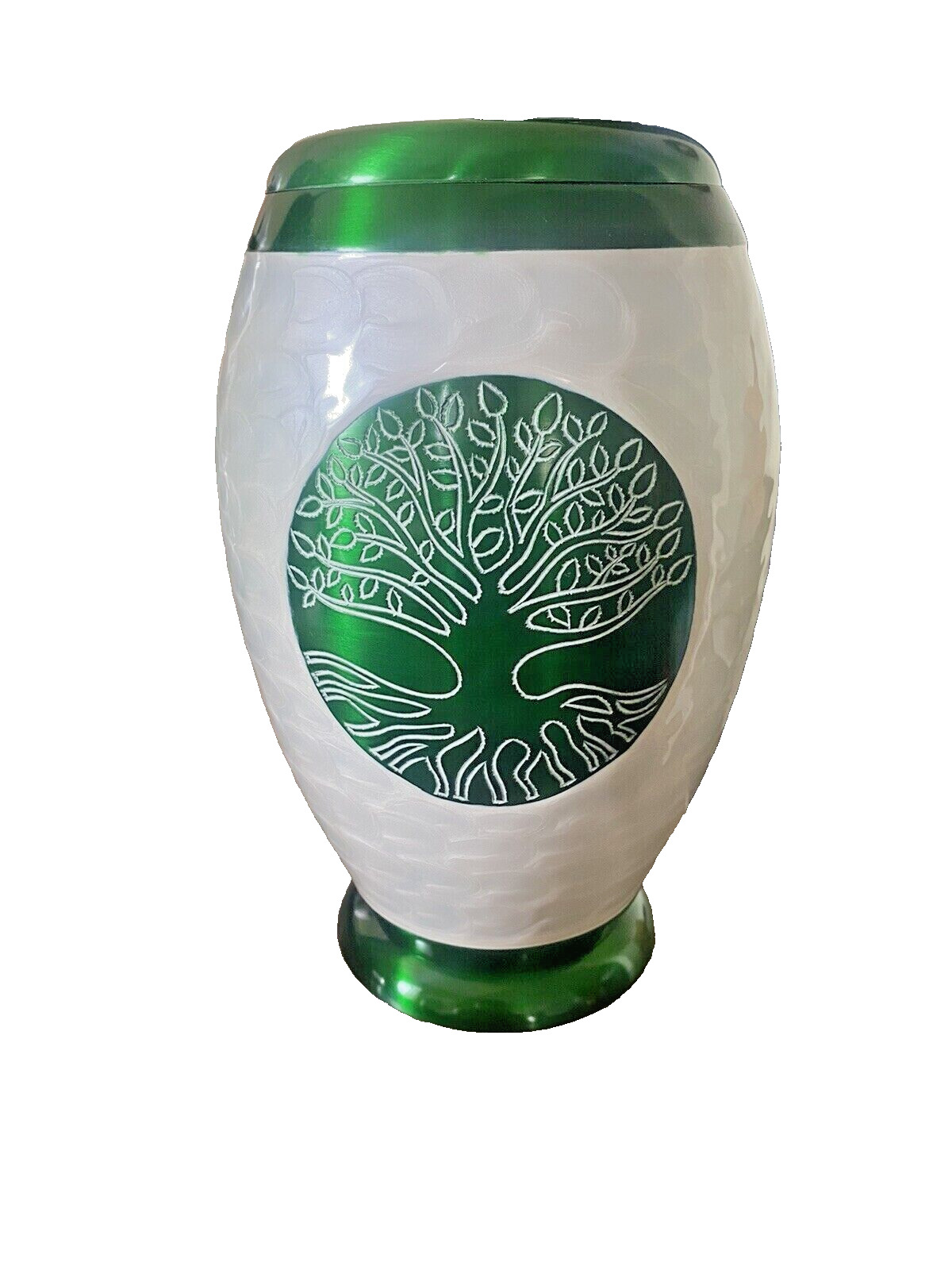 Elegant Medium Size Ceramic And Metal Urn Green And Cream 10.5 Inches New