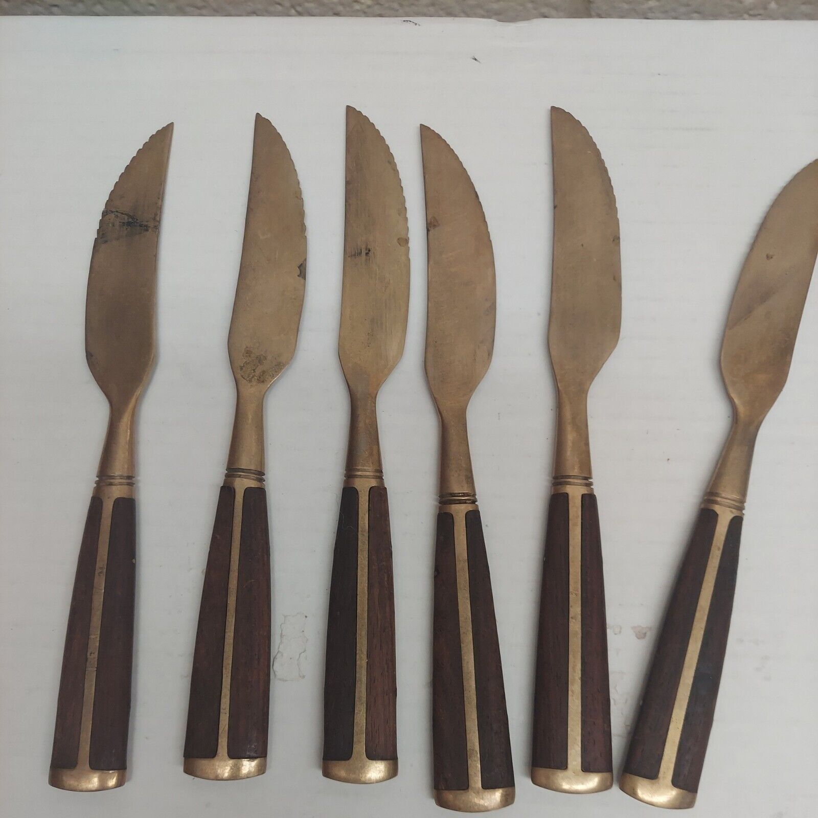 Vintage Bronzeware & Wood knives 6 Pieces Gold Tone 