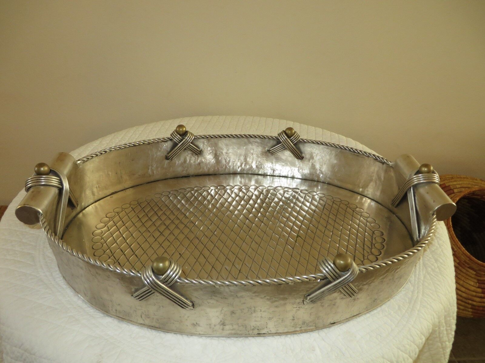 RARE SERVER STAINLESS STEEL & BRASS TRAY EX LARGE OVAL TRAY 26 X 17\