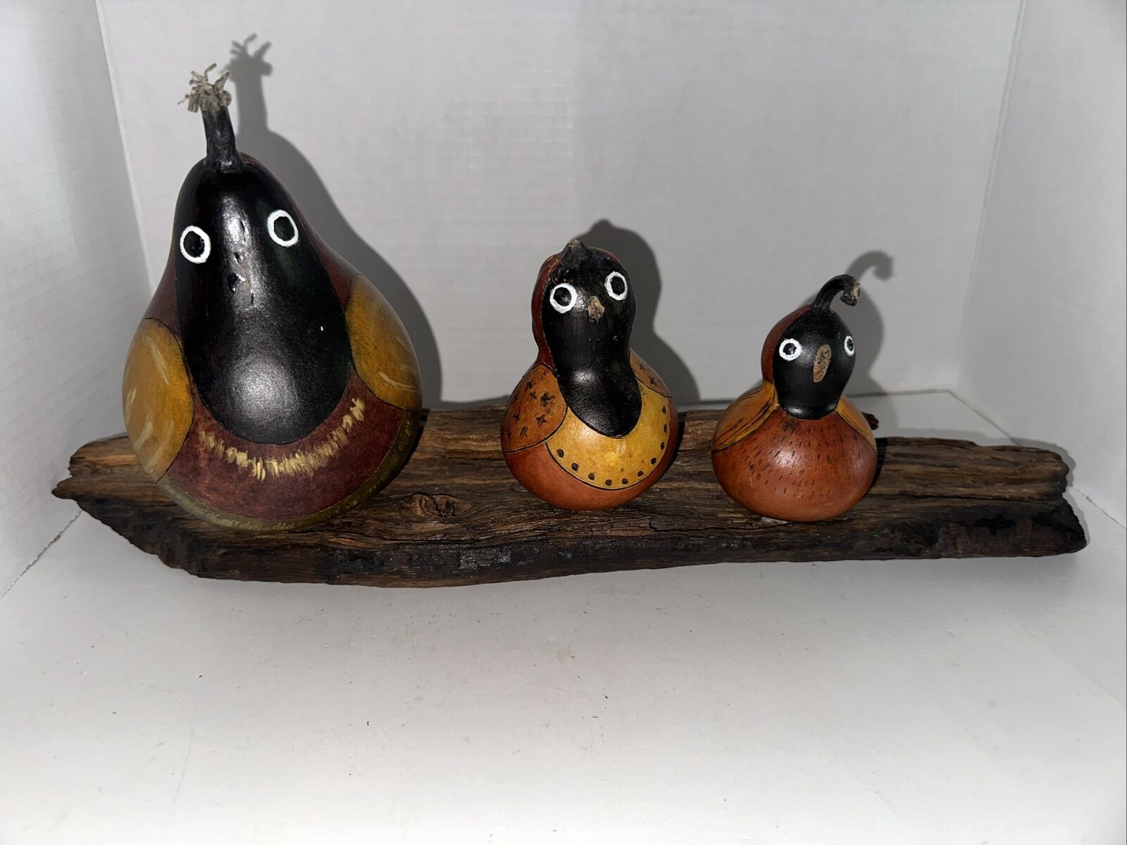 Triple Gourd Birds On Driftwood, Handmade Carved And Painted whimsical