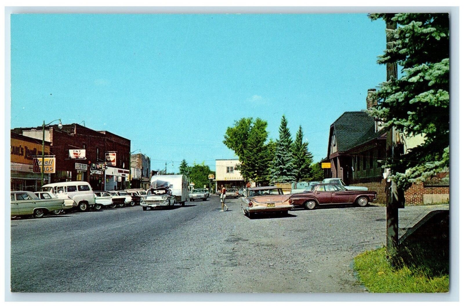 c1960\'s Street Scene Cars And Shops In Woodruff Wisconsin WI Unposted Postcard