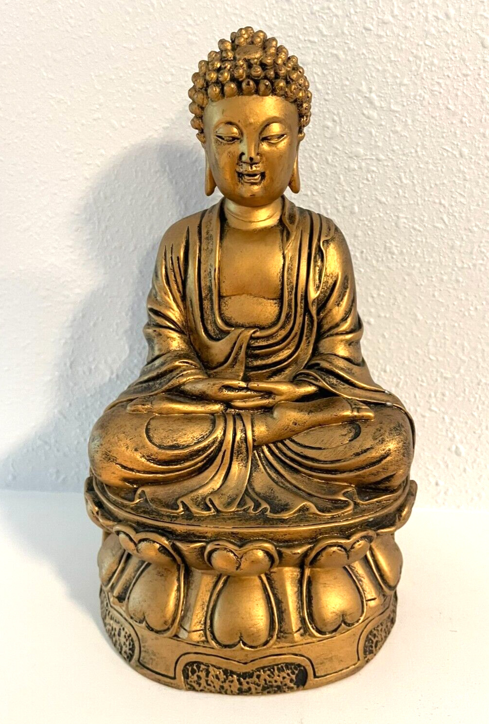 Vintage Gold Meditating Buddha Figurine Brass Finished Heavy Resin Figurine