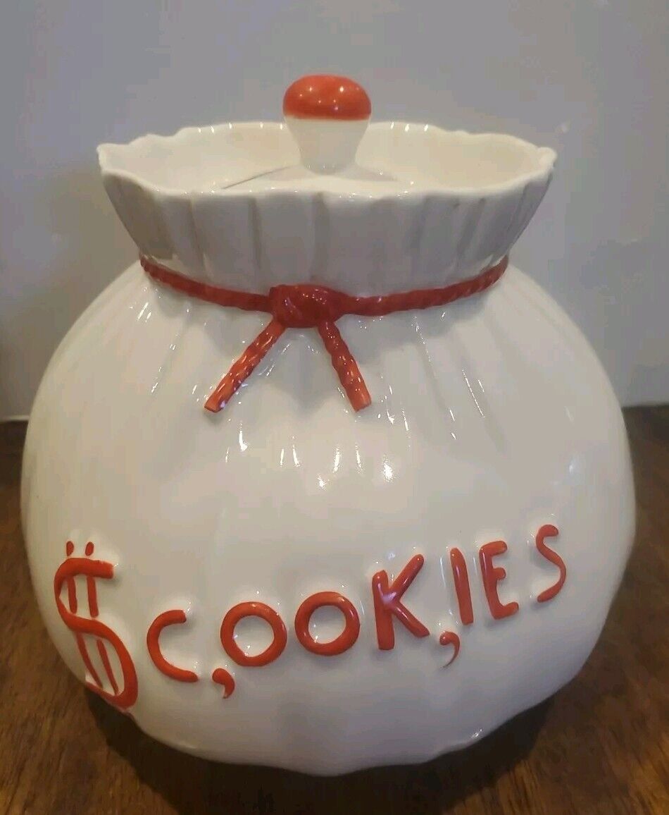 Abingdon 1940s Vintage Ceramic Cookie Jar #588 Cash Money Bag w Lid  7.5 Inch 