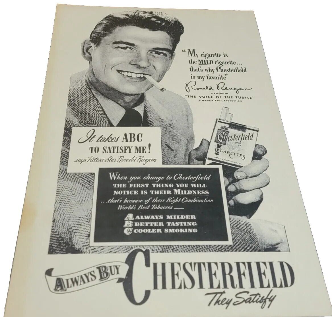 Vintage Ronald Reagan Chesterfield Cigarette Window Poster Ad Rare 11x17 