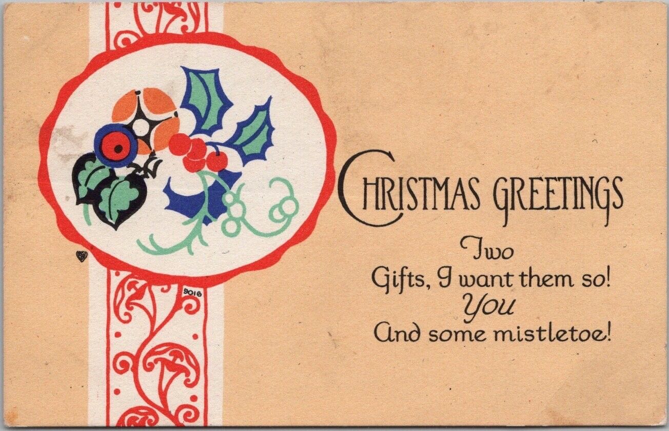 1924 CHRISTMAS GREETINGS Art Deco Postcard 