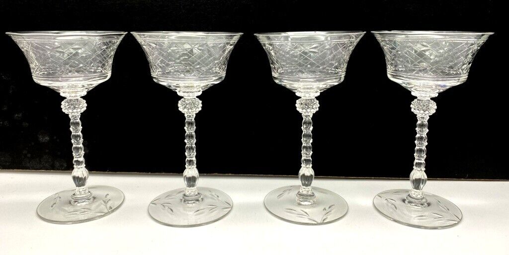 Heisey Fine Crystal Champagne wine glasses stemware wheel cut design Set of Four