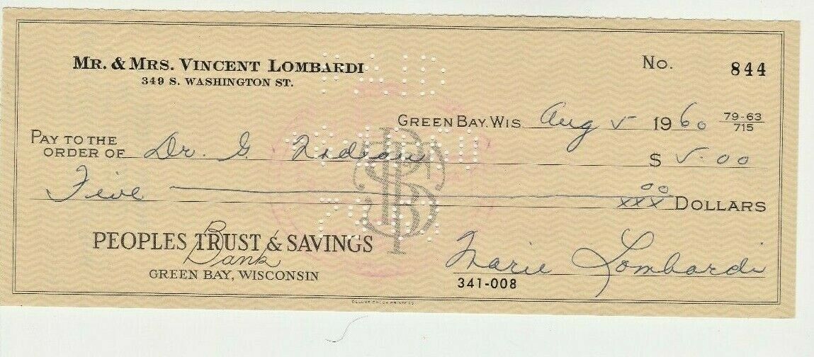 Signed Family Personal Check By Mrs. Marie Lombardi 1960