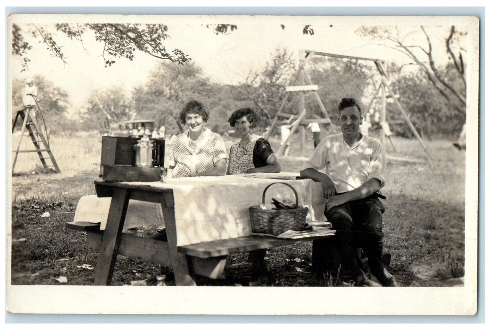 c1930\'s Picnic At The Park Playground RPPC Photo Posted Vintage Postcard