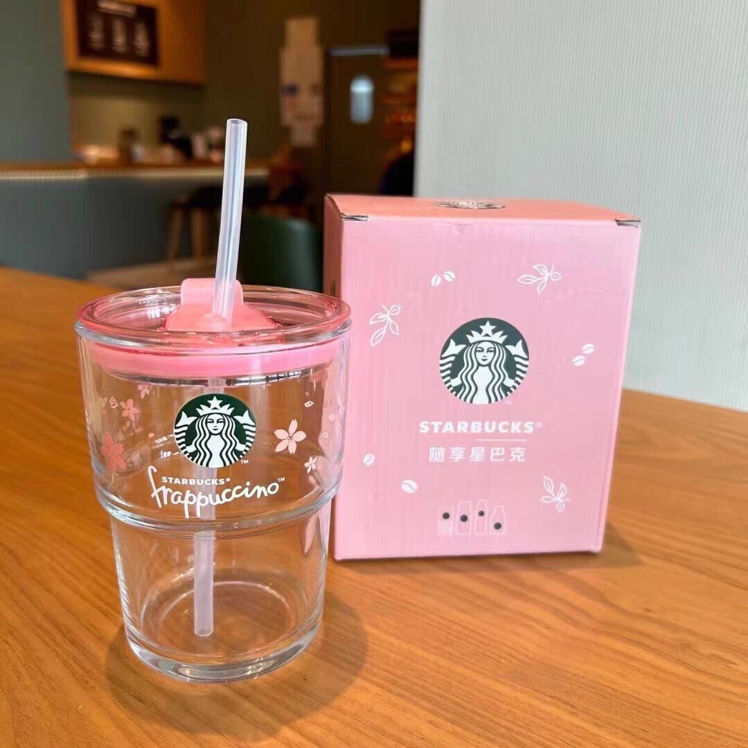 2023 Starbucks Glass Cup 13oz Tumbler Coffee Cup Pink Sakura + Cute Straw Topper