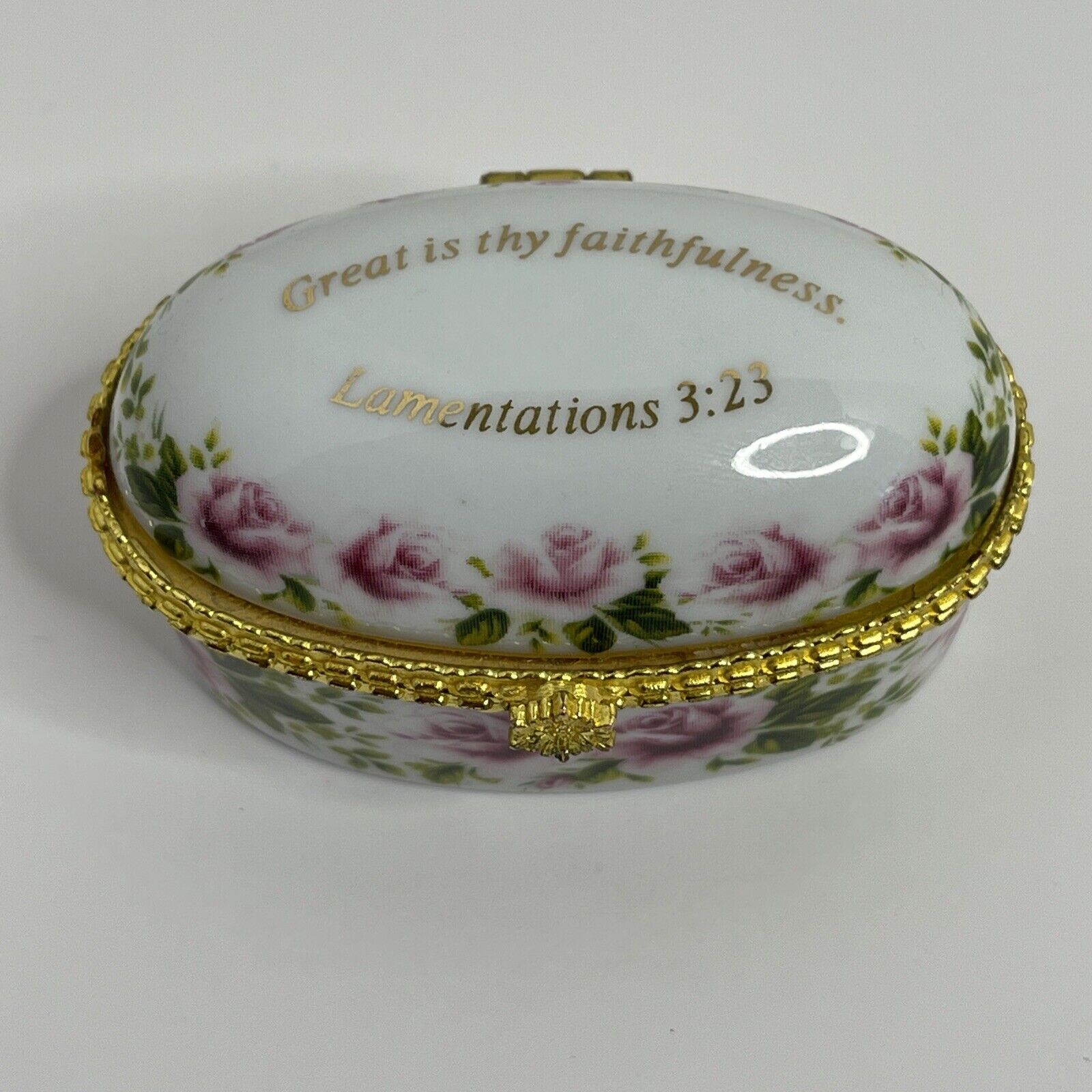 Imperial Porcelain Trinket Box Lamentations 3:23 White Pink Roses