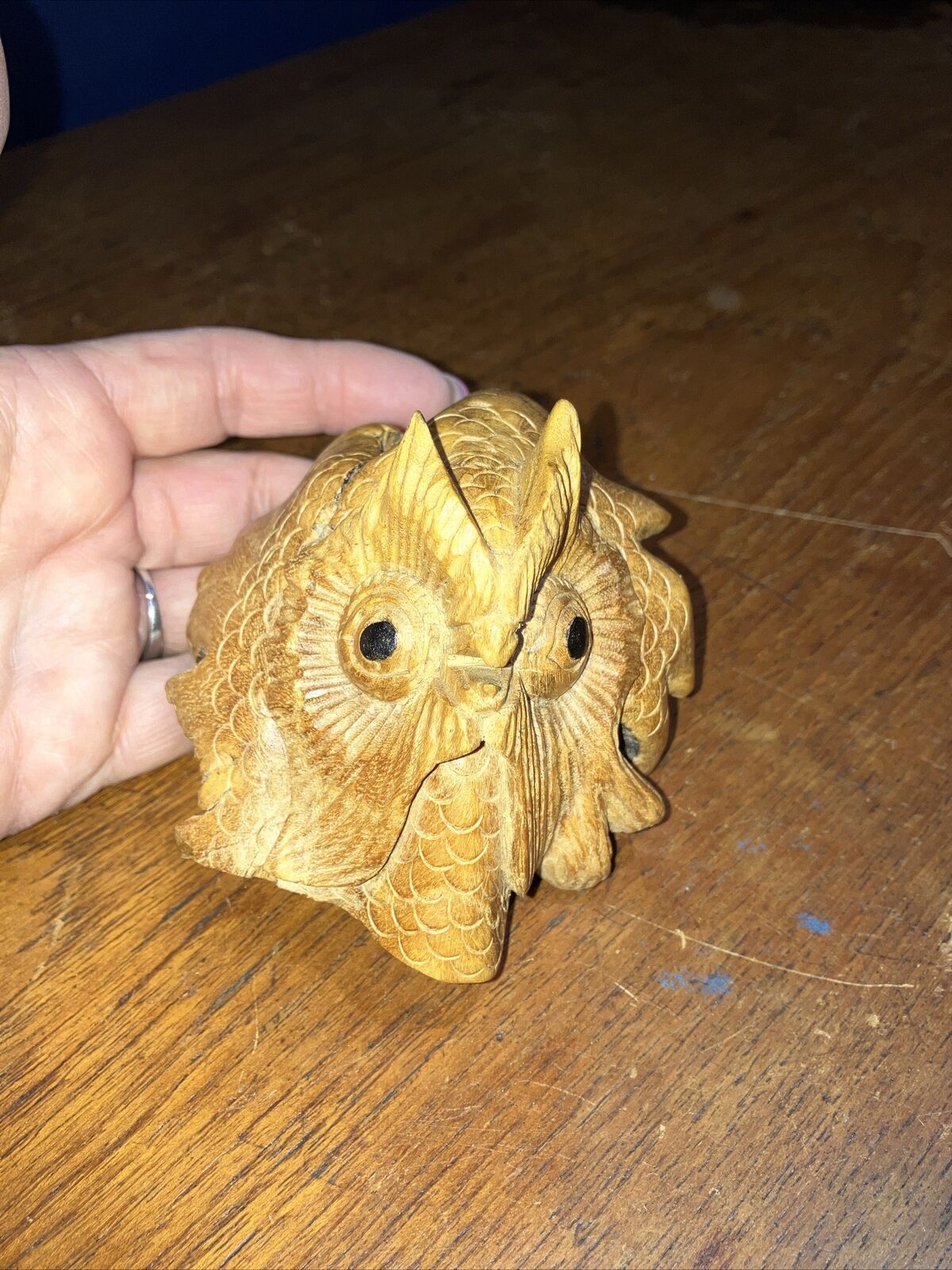 Cute Hand Carved Sculpted Wood Wooden Treen Owls Head