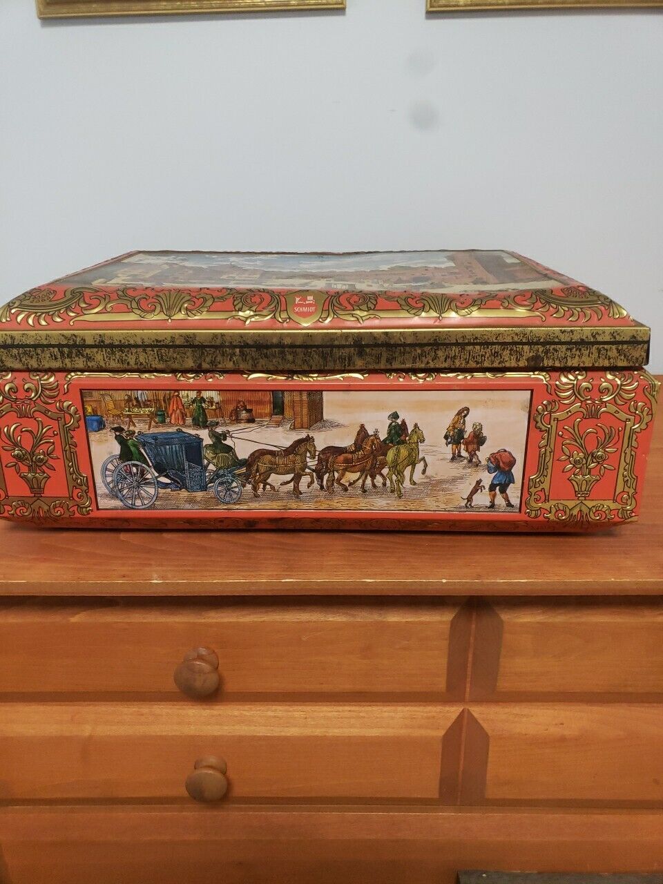 Vintage  German E Otto Schmidt Large Tin Box Hinged Top Nurnberg Biscuit Tin 16