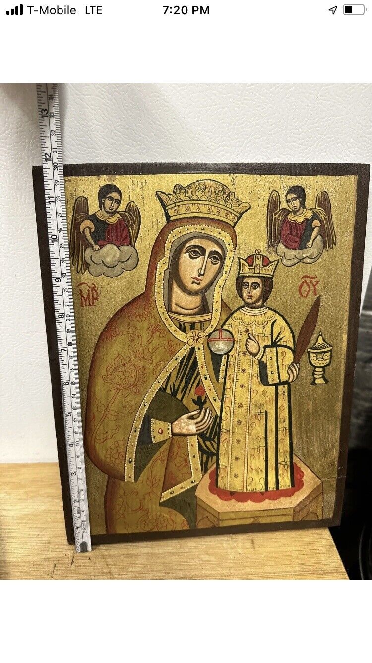 Vintage Handmade Orthodox Icon Theotokos & Christ 12x9