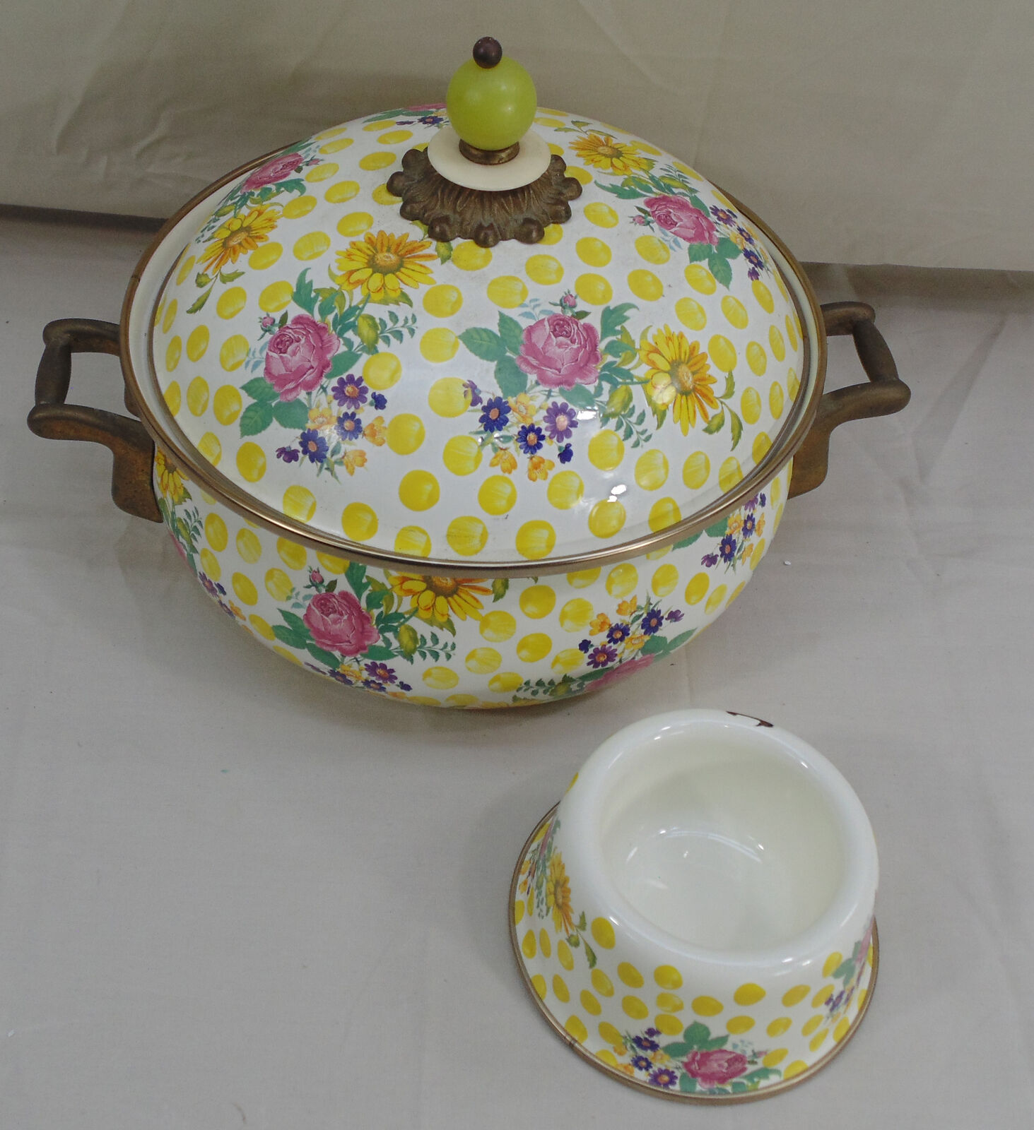 MacKenzie Childs Buttercup Wildflower Enamel Covered Casserole Pot & Cat Bowl