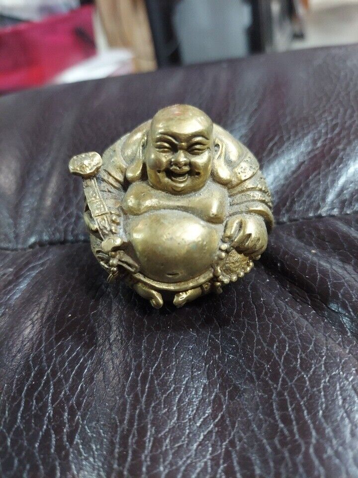 Vtg Brass Wealth Happy Laughing Sitting BUDDHA Statue Figurine 2.25\