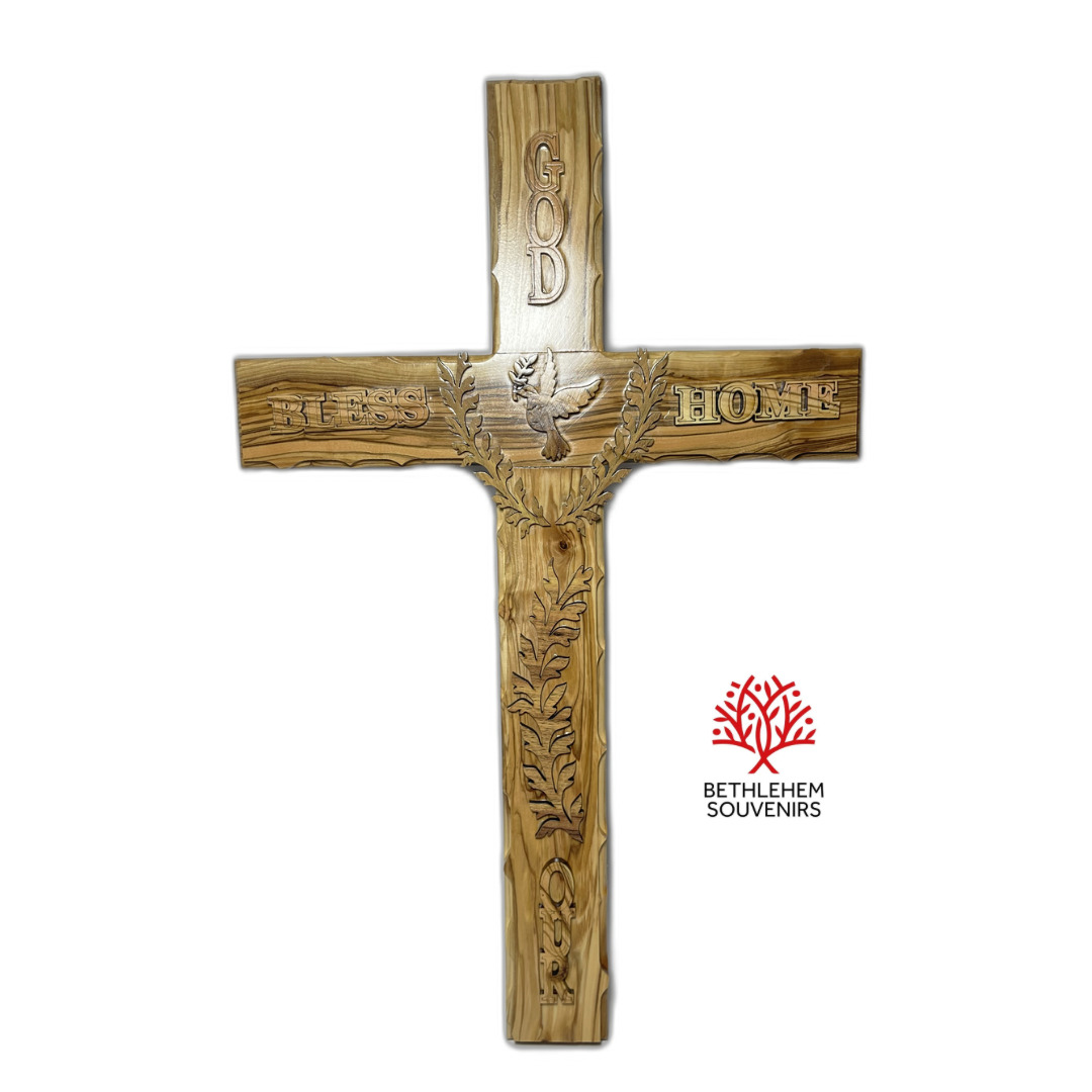 Huge Olive Wood 21 Inch God Bless Our Home Cross Bethlehem Christian Crafts Art