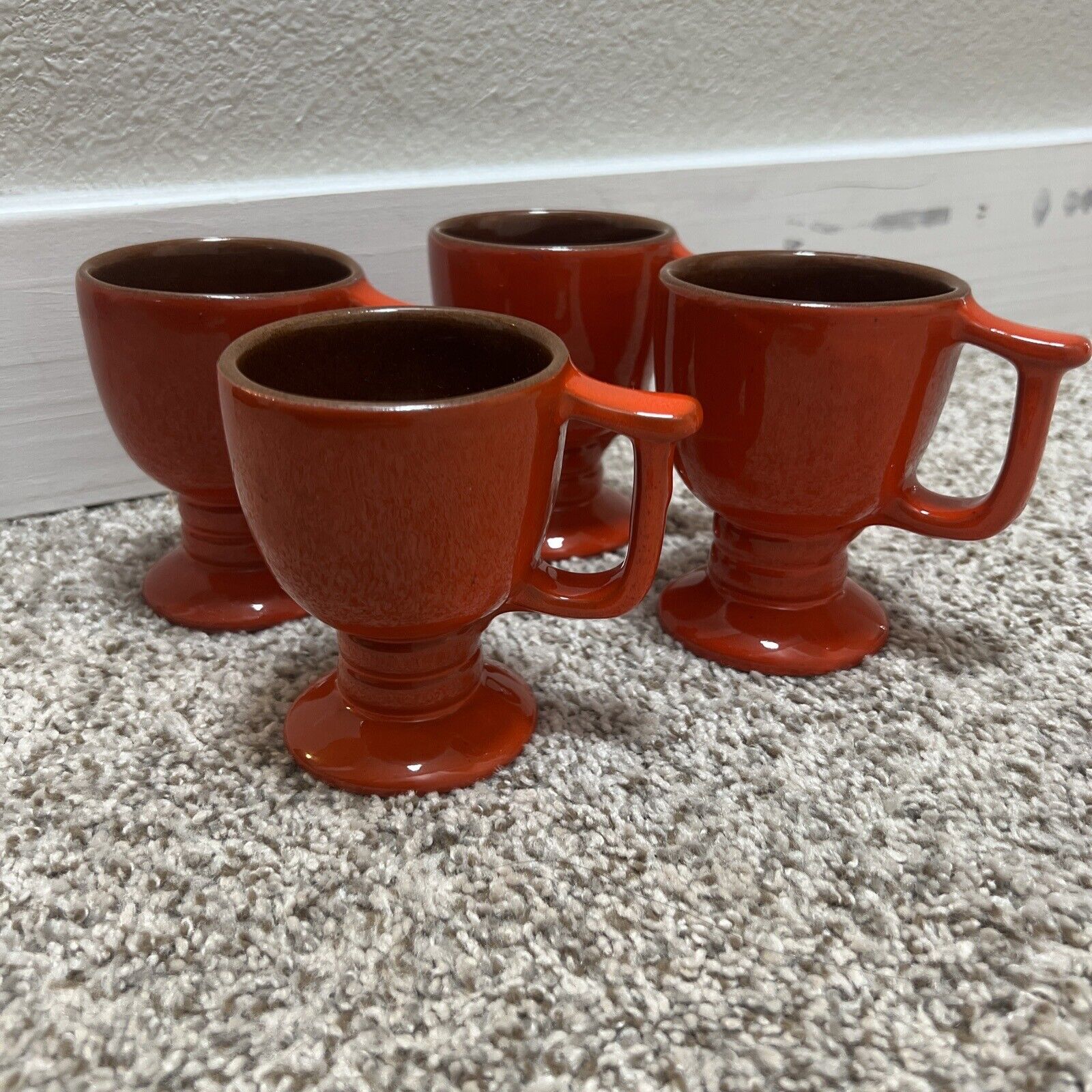 Vintage Frankoma Pottery C13 Coffee Cup Mug Flame Red Orange Pedestal Base Set