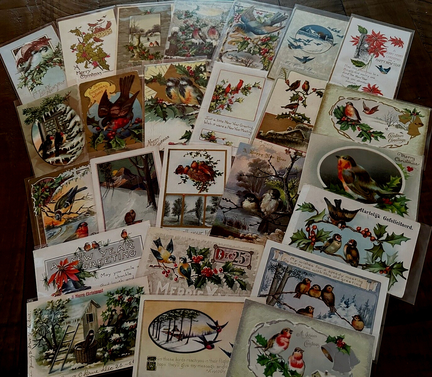 Lot of 25 Antique~CHRISTMAS & NEW YEAR  POSTCARDS with Birds-In Sleeves~h984