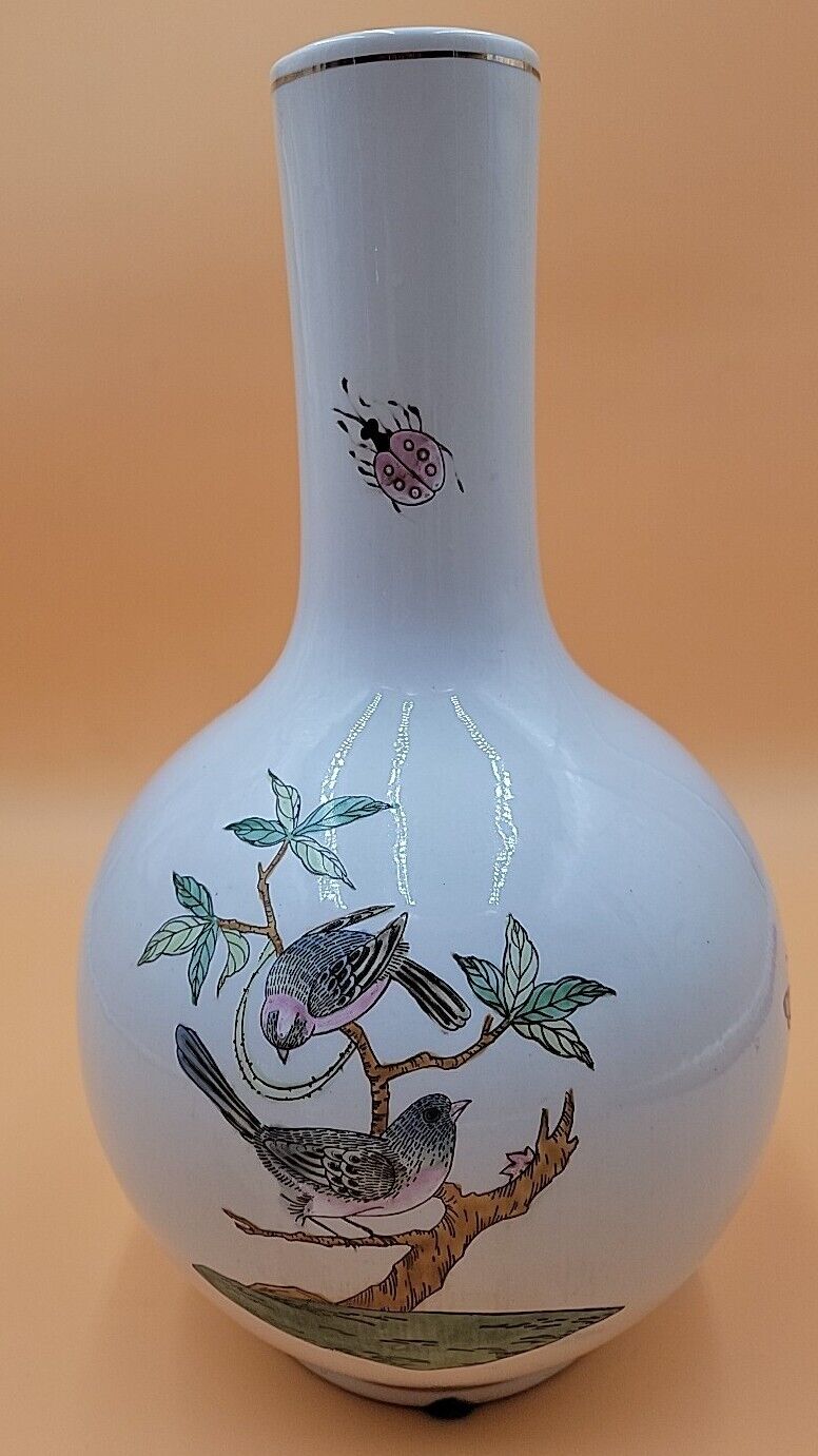 Vintage Maitland Smith 13” Chinese Asian Vase Birds & Flowers Hand Painted 