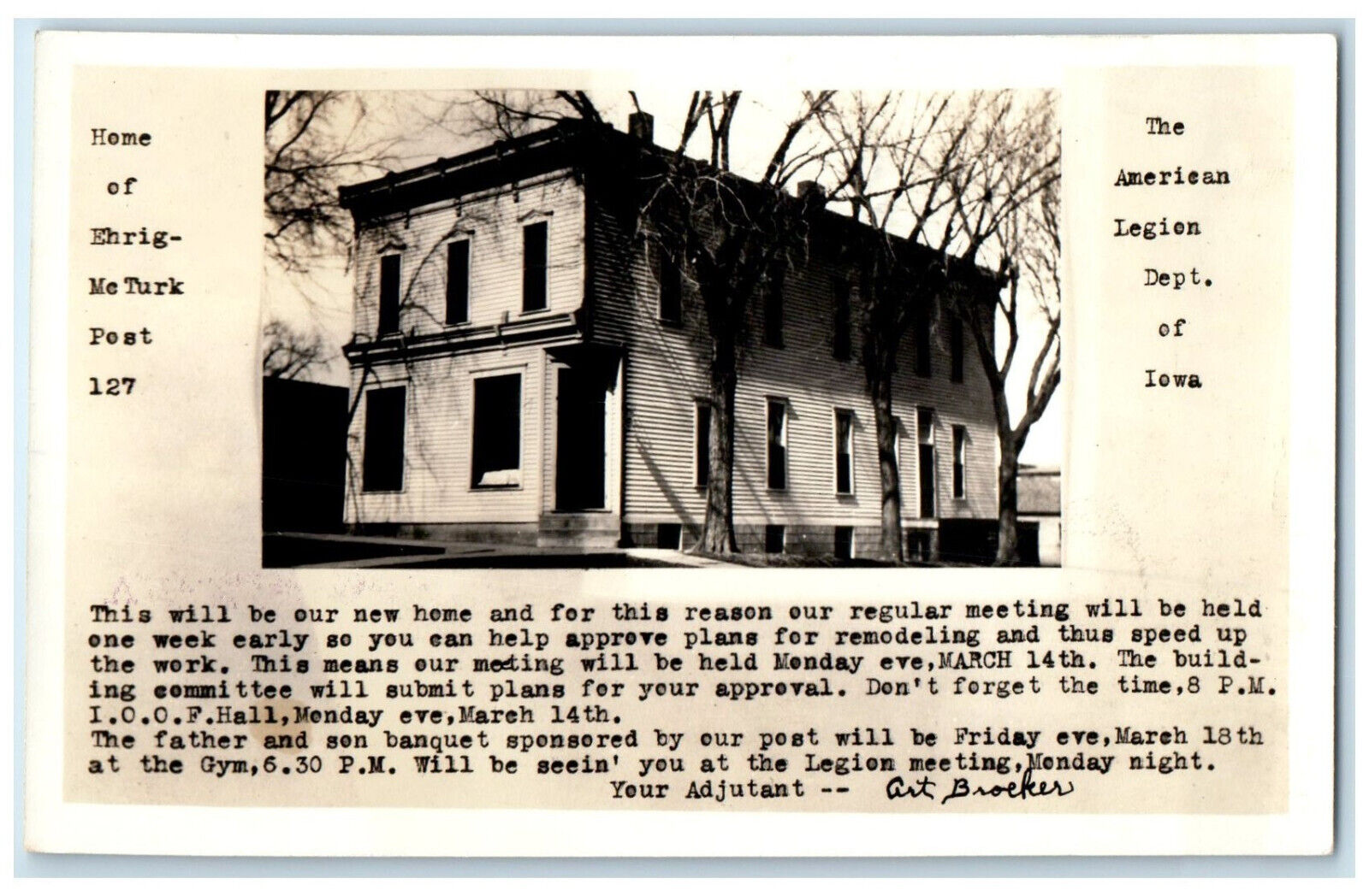 Gladbrook Iowa IA RPPC Photo Postcard Home of Ehrigmeturk Post 127 1938