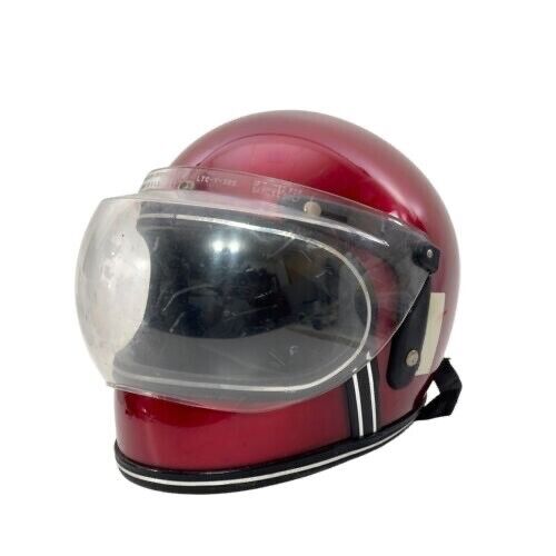 Vintage Grant Motorcycle Helmet Full Face Bubble Visor 1970s Red Size S/M