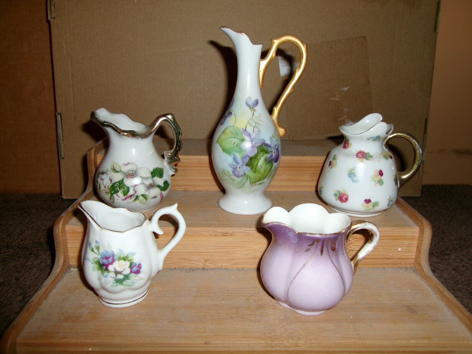 5 Small Porcelain Pitchers, Very Decorative, No Maker\'s Marks
